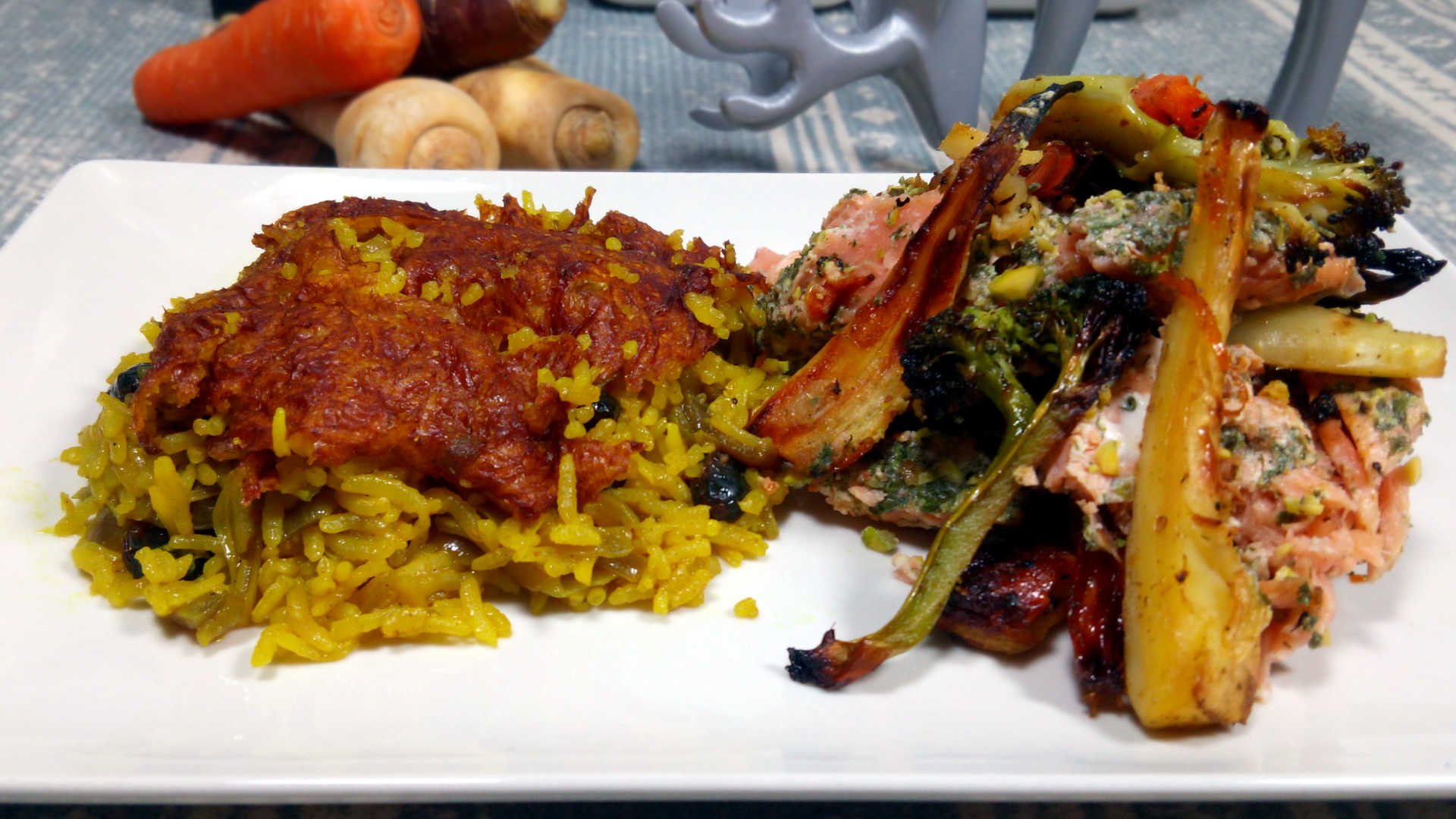 Festive Rice Pilaf with Honey & Orange Roast Vegetables & Wild Salmon
