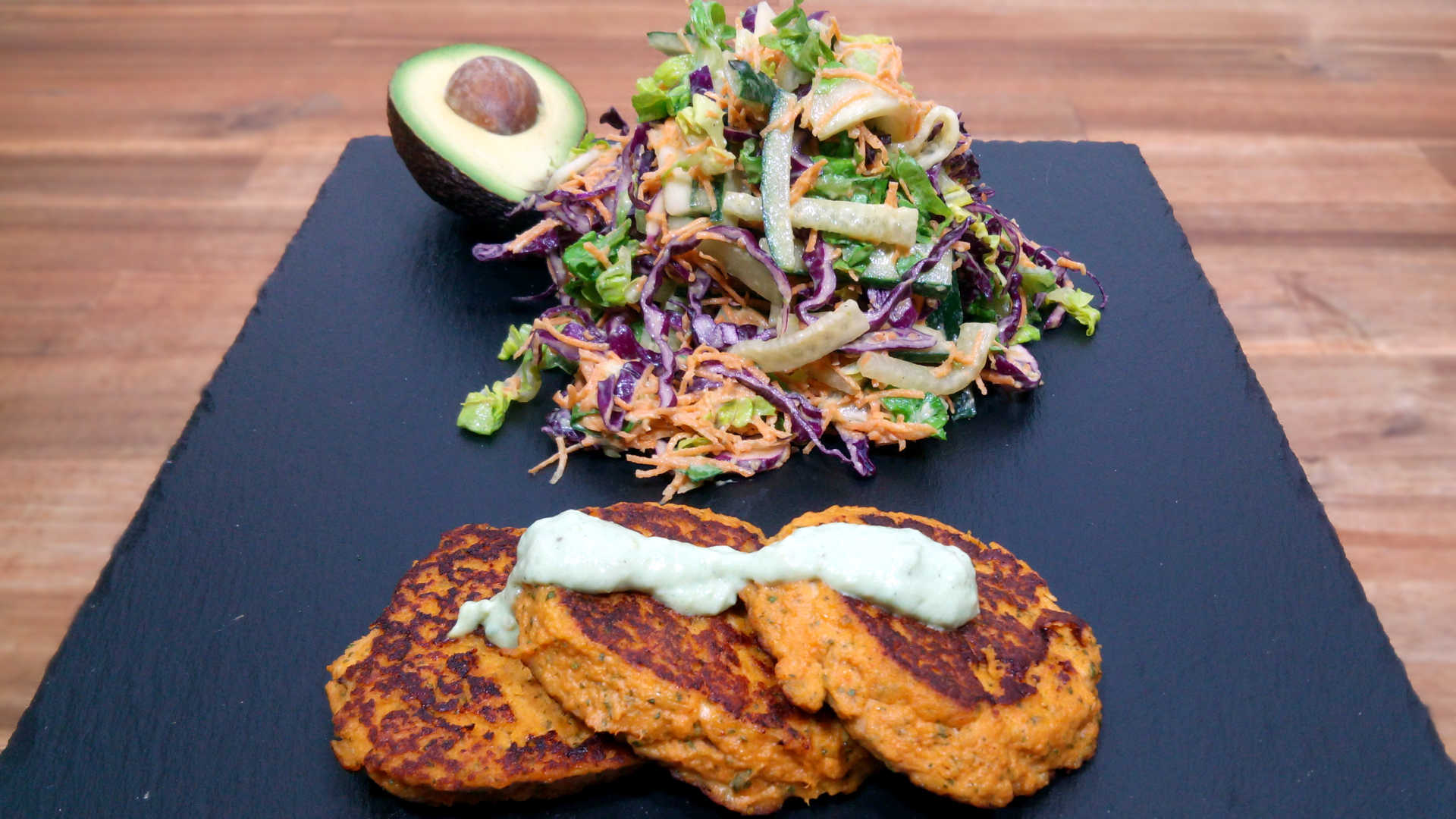 Sweet Potato Fish Cakes with Shredded Salad & Creamy Avocado Dressing Sweet Potato Fish Cakes with Shredded Salad & Creamy Avocado Dressing